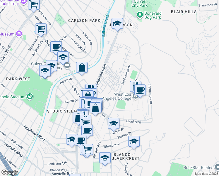 map of restaurants, bars, coffee shops, grocery stores, and more near 4105 Summertime Lane in Culver City