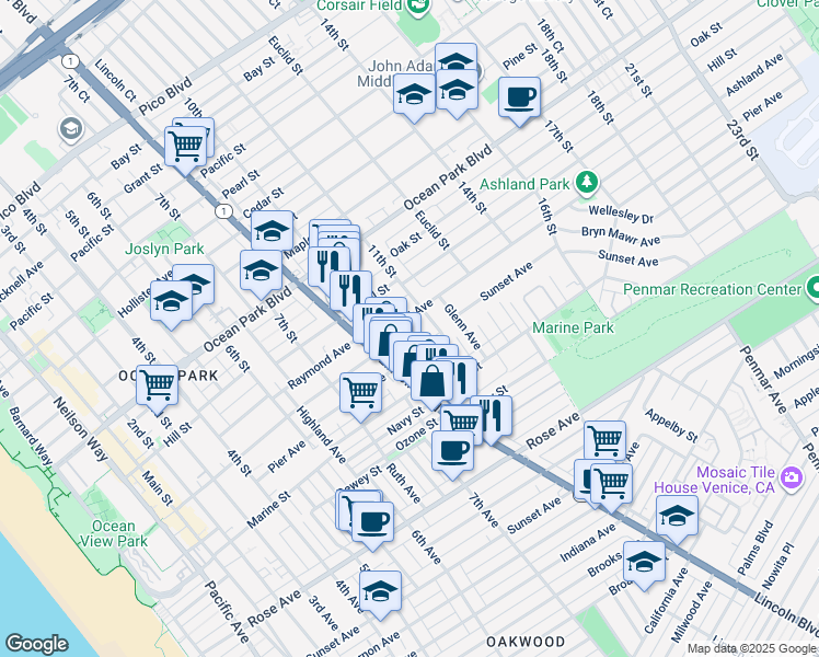 map of restaurants, bars, coffee shops, grocery stores, and more near 2909 10th Street in Santa Monica
