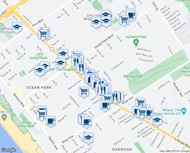 map of restaurants, bars, coffee shops, grocery stores, and more near 2909 10th Street in Santa Monica