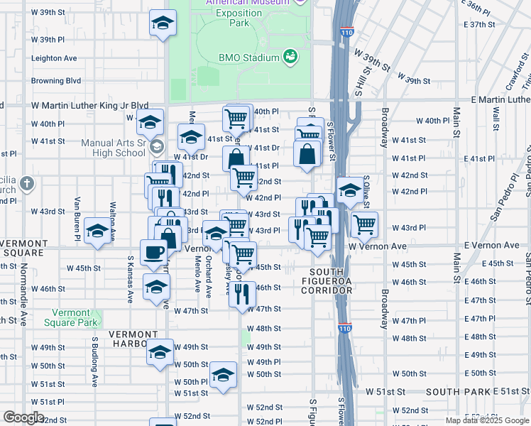 map of restaurants, bars, coffee shops, grocery stores, and more near 641 West 43rd Street in Los Angeles
