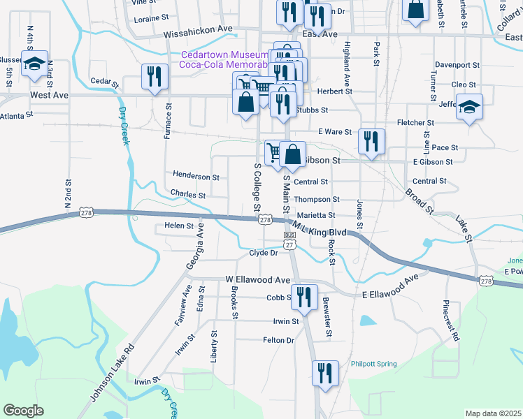 map of restaurants, bars, coffee shops, grocery stores, and more near 729 South College Street in Cedartown
