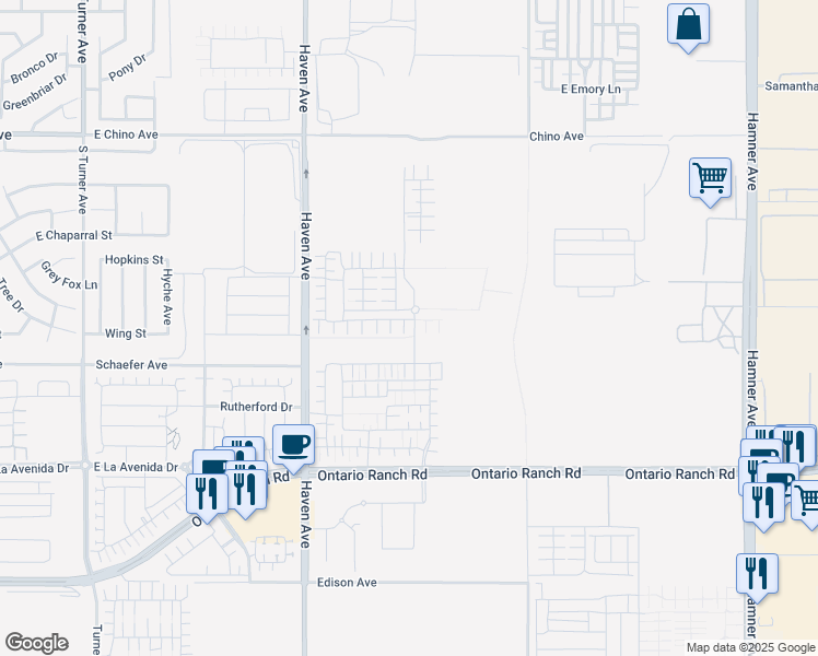 map of restaurants, bars, coffee shops, grocery stores, and more near 13661 South Haven Avenue in Ontario