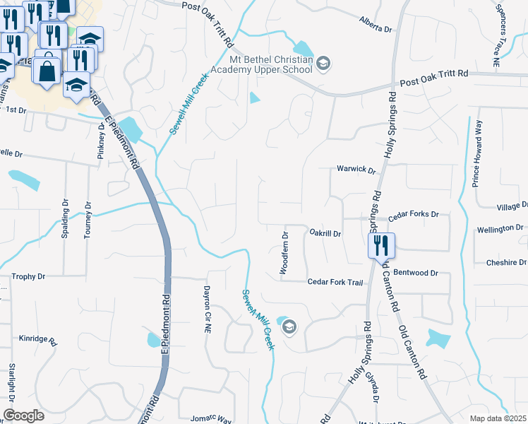 map of restaurants, bars, coffee shops, grocery stores, and more near 2505 Oakrill Road in Marietta