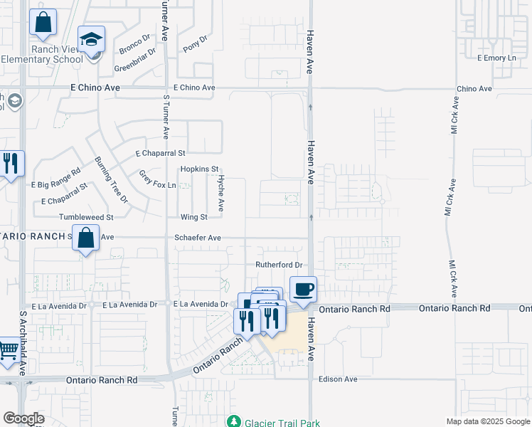map of restaurants, bars, coffee shops, grocery stores, and more near 3367 East Sumac Street in Ontario
