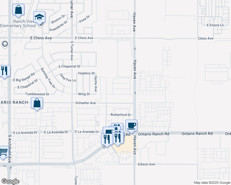 map of restaurants, bars, coffee shops, grocery stores, and more near 3367 East Sumac Street in Ontario