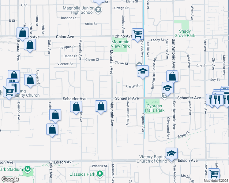 map of restaurants, bars, coffee shops, grocery stores, and more near 6277 Ashley Court in Chino