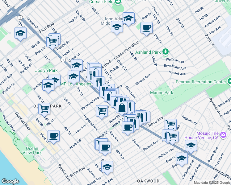 map of restaurants, bars, coffee shops, grocery stores, and more near 2909 10th Street in Santa Monica