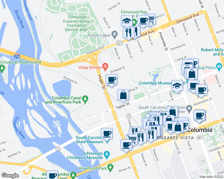 map of restaurants, bars, coffee shops, grocery stores, and more near 1700 Huger Street in Columbia