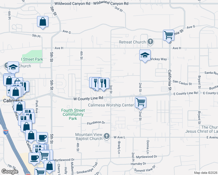 map of restaurants, bars, coffee shops, grocery stores, and more near 13698 3rd Street in Yucaipa