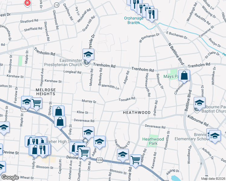 map of restaurants, bars, coffee shops, grocery stores, and more near 1405 Adger Road in Columbia