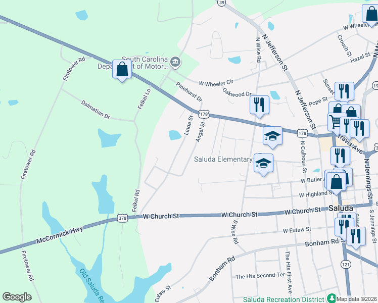 map of restaurants, bars, coffee shops, grocery stores, and more near 117 Angel Street in Saluda