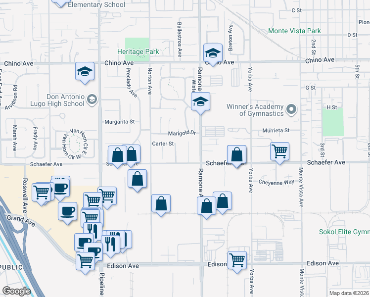map of restaurants, bars, coffee shops, grocery stores, and more near 13672 Daisy Court in Chino