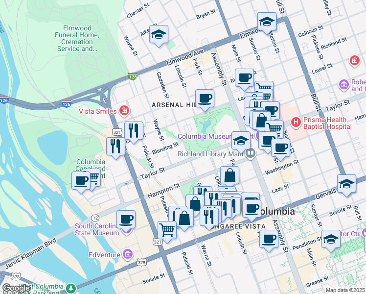 map of restaurants, bars, coffee shops, grocery stores, and more near 718 Blanding Street in Columbia