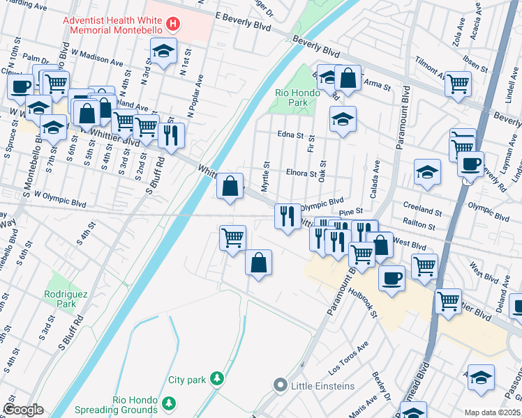 map of restaurants, bars, coffee shops, grocery stores, and more near 8252 Whittier Boulevard in Pico Rivera