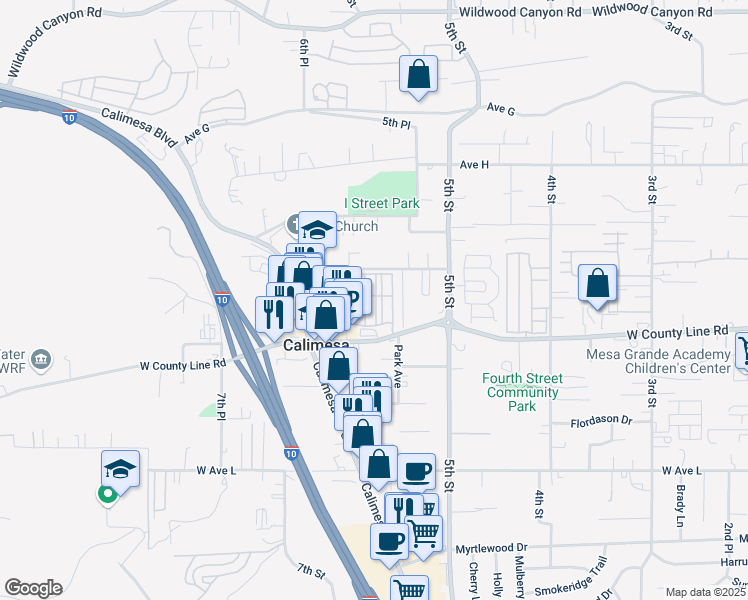 map of restaurants, bars, coffee shops, grocery stores, and more near 34080 County Line Road in Calimesa
