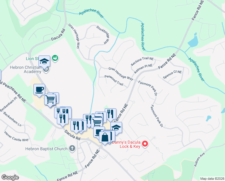map of restaurants, bars, coffee shops, grocery stores, and more near 2545 Legend Mill Run in Dacula