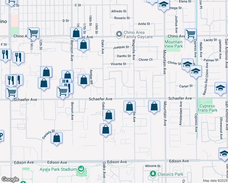 map of restaurants, bars, coffee shops, grocery stores, and more near 5960 Ashley Court in Chino