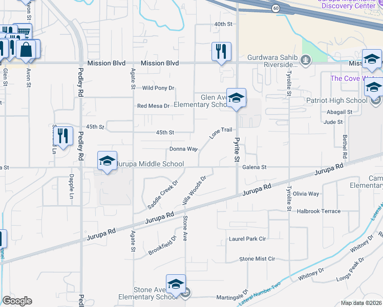 map of restaurants, bars, coffee shops, grocery stores, and more near 8403 Galena Street in Riverside