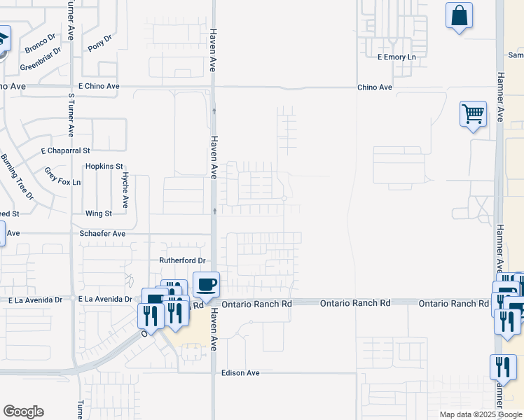 map of restaurants, bars, coffee shops, grocery stores, and more near 13661 South Haven Avenue in Ontario