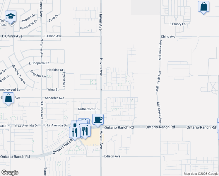 map of restaurants, bars, coffee shops, grocery stores, and more near 3571 E. Moonlight St. in Ontario
