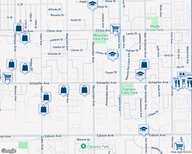 map of restaurants, bars, coffee shops, grocery stores, and more near 6277 Ashley Court in Chino