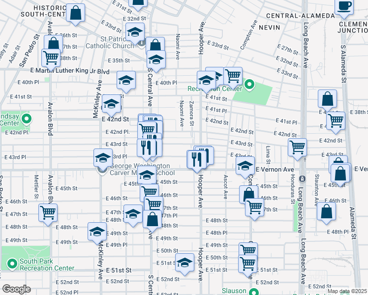 map of restaurants, bars, coffee shops, grocery stores, and more near 1207 East 43rd Place in Los Angeles
