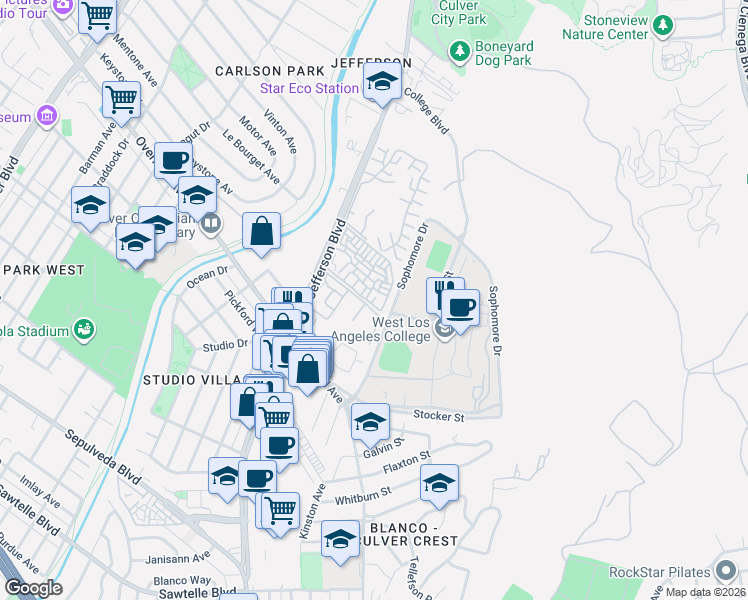 map of restaurants, bars, coffee shops, grocery stores, and more near 3000 Summertime Lane in Culver City
