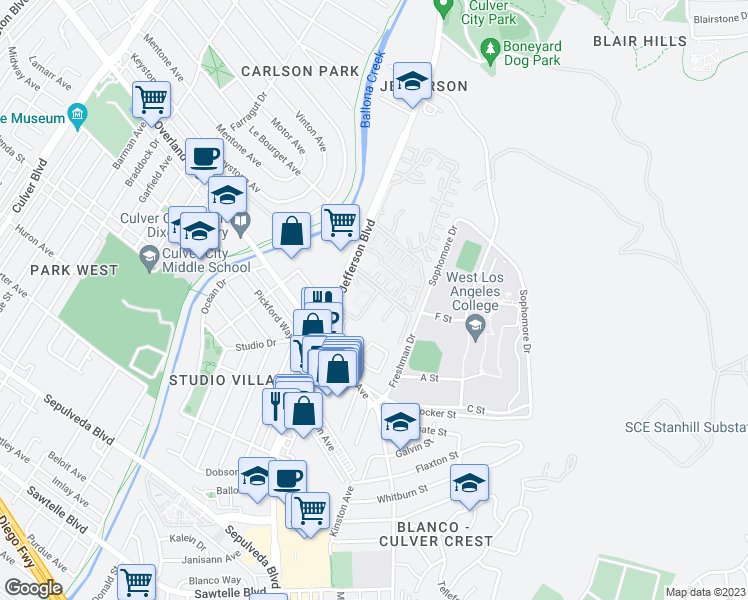 map of restaurants, bars, coffee shops, grocery stores, and more near 3000 Summertime Lane in Culver City