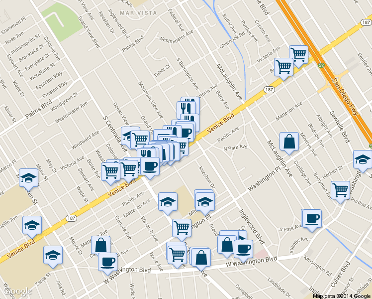 map of restaurants, bars, coffee shops, grocery stores, and more near 12103 Pacific Avenue in Los Angeles