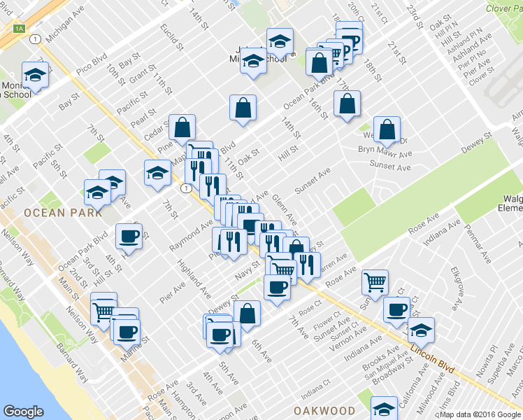 map of restaurants, bars, coffee shops, grocery stores, and more near 1009 Wilson Place in Santa Monica