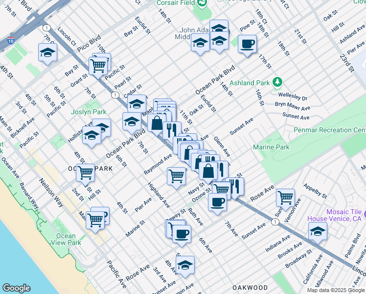 map of restaurants, bars, coffee shops, grocery stores, and more near 810 Ashland Avenue in Santa Monica