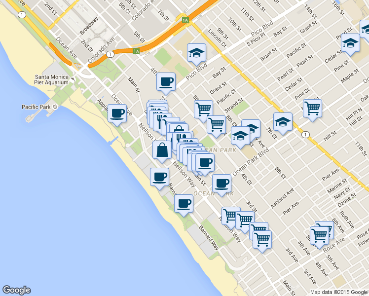 map of restaurants, bars, coffee shops, grocery stores, and more near 2219 Main Street in Santa Monica