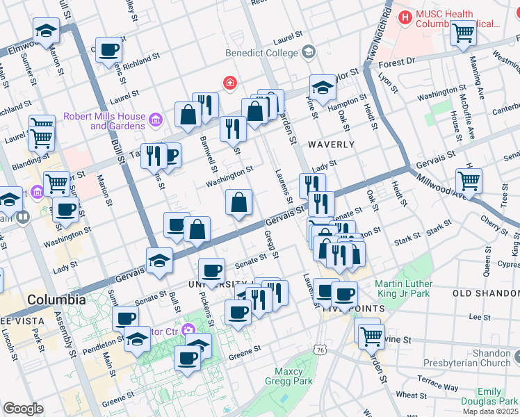 map of restaurants, bars, coffee shops, grocery stores, and more near 1865 Gervais Street in Columbia
