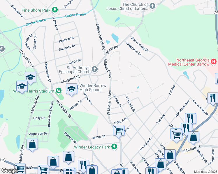 map of restaurants, bars, coffee shops, grocery stores, and more near 246 West Midland Avenue in Winder
