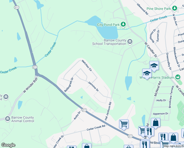map of restaurants, bars, coffee shops, grocery stores, and more near 285 Natchez Circle in Winder