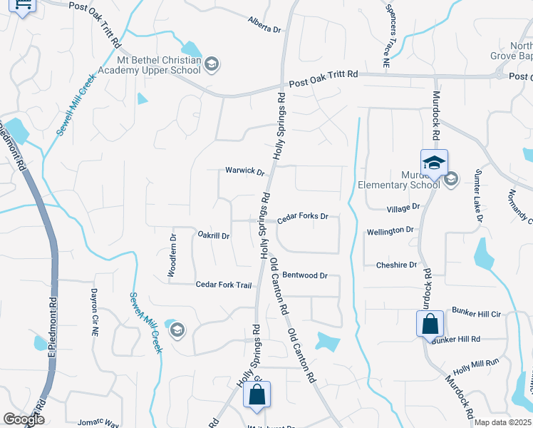 map of restaurants, bars, coffee shops, grocery stores, and more near 2658 Cedar Forks Drive in Marietta