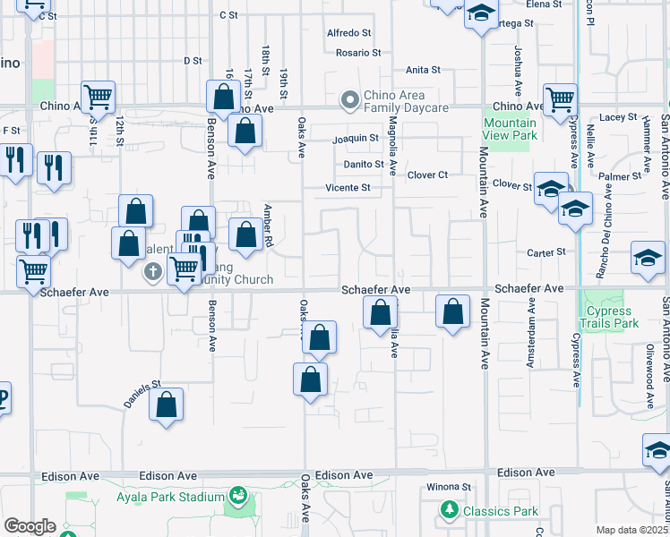map of restaurants, bars, coffee shops, grocery stores, and more near 5960 Ashley Court in Chino