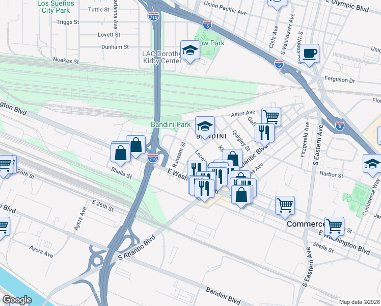 map of restaurants, bars, coffee shops, grocery stores, and more near 2367 Couts Avenue in Commerce