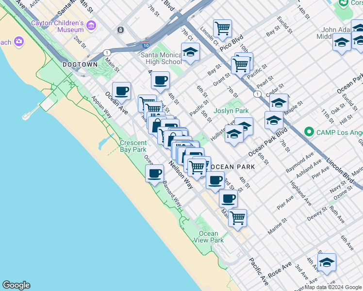 map of restaurants, bars, coffee shops, grocery stores, and more near 223 Strand Street in Santa Monica