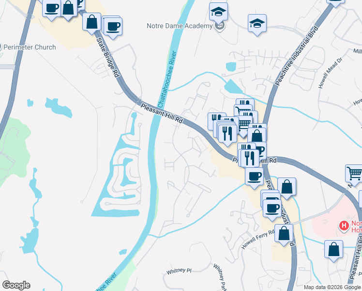 map of restaurants, bars, coffee shops, grocery stores, and more near 3828 Sweet Bottom Drive in Duluth