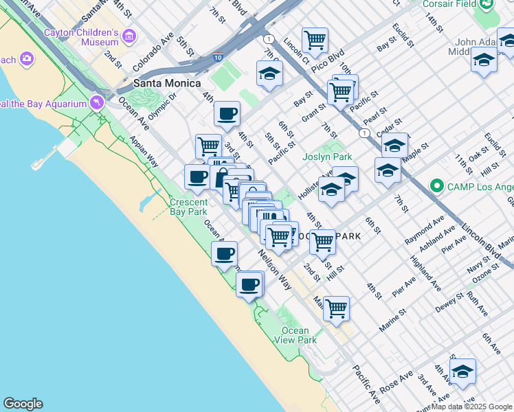 map of restaurants, bars, coffee shops, grocery stores, and more near 223 Strand Street in Santa Monica