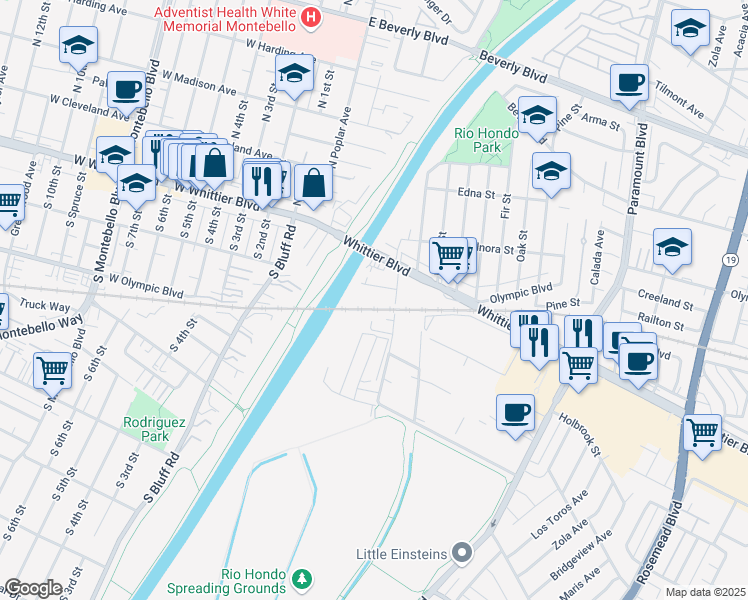 map of restaurants, bars, coffee shops, grocery stores, and more near 331 Riverview Rd in Montebello