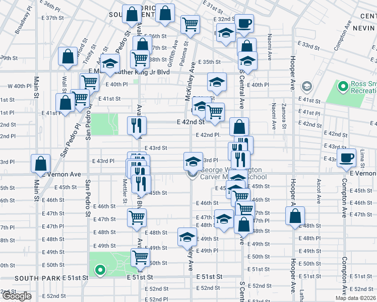 map of restaurants, bars, coffee shops, grocery stores, and more near 815 East 43rd Place in Los Angeles