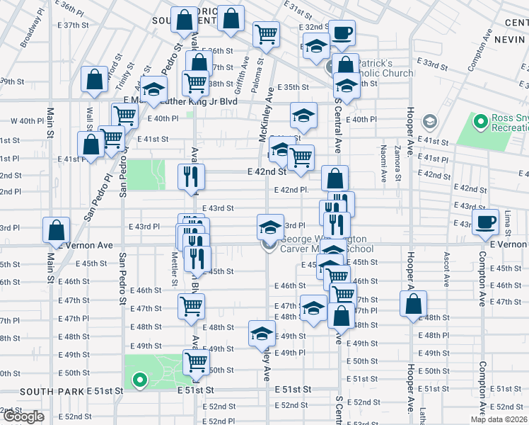 map of restaurants, bars, coffee shops, grocery stores, and more near 815 East 43rd Place in Los Angeles