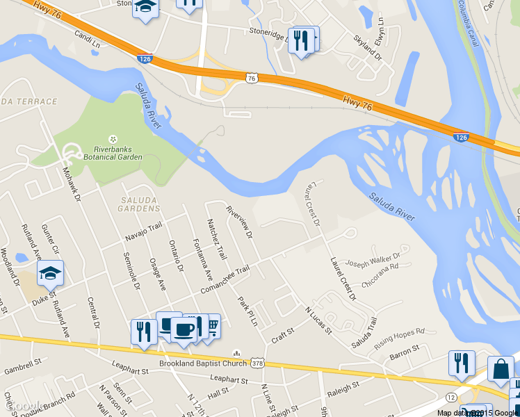 map of restaurants, bars, coffee shops, grocery stores, and more near 636 Edgewater Lane in West Columbia