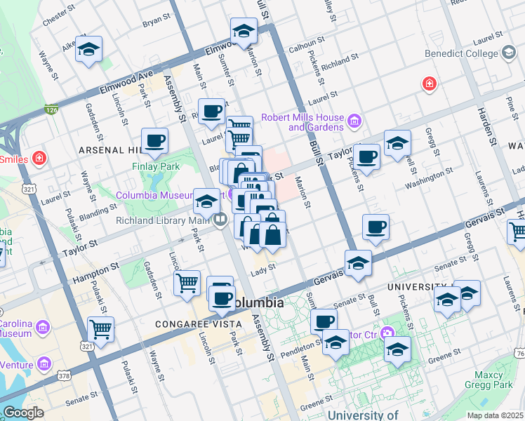 map of restaurants, bars, coffee shops, grocery stores, and more near 1217 Hampton Street in Columbia