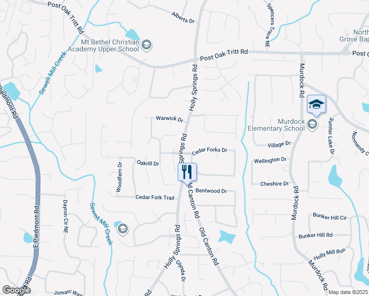 map of restaurants, bars, coffee shops, grocery stores, and more near 2658 Cedar Forks Drive in Marietta