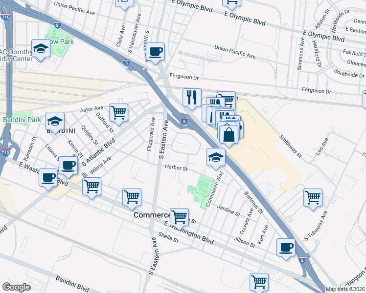 map of restaurants, bars, coffee shops, grocery stores, and more near 5546 Pueblo Court in Commerce