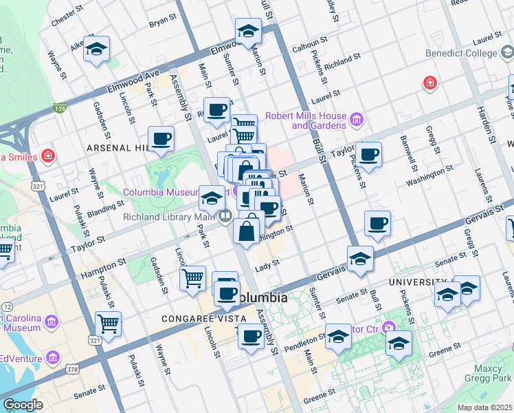 map of restaurants, bars, coffee shops, grocery stores, and more near 1500 Main Street in Columbia