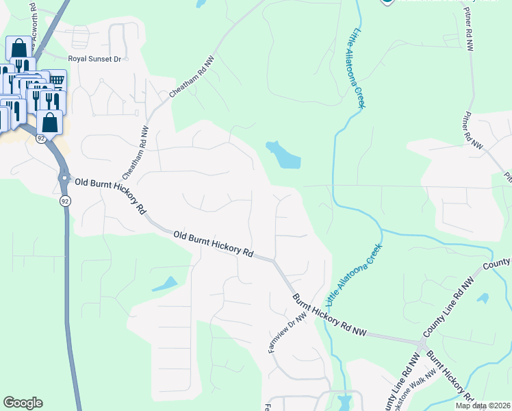 map of restaurants, bars, coffee shops, grocery stores, and more near 174 Hickory Branch Drive in Acworth